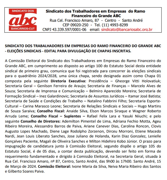 ELEIÇÕES SINDICAIS – EDITAL PARA DIVULGAÇÃO DE CHAPAS INSCRITAS.