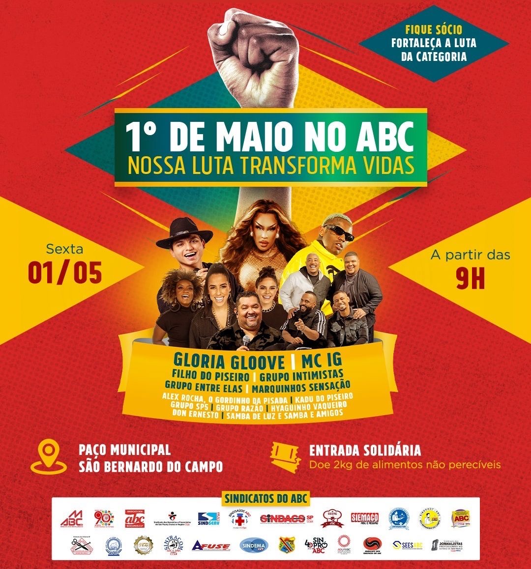 1º de Maio no ABC reúne trabalhadores em ato por direitos, cultura e solidariedade