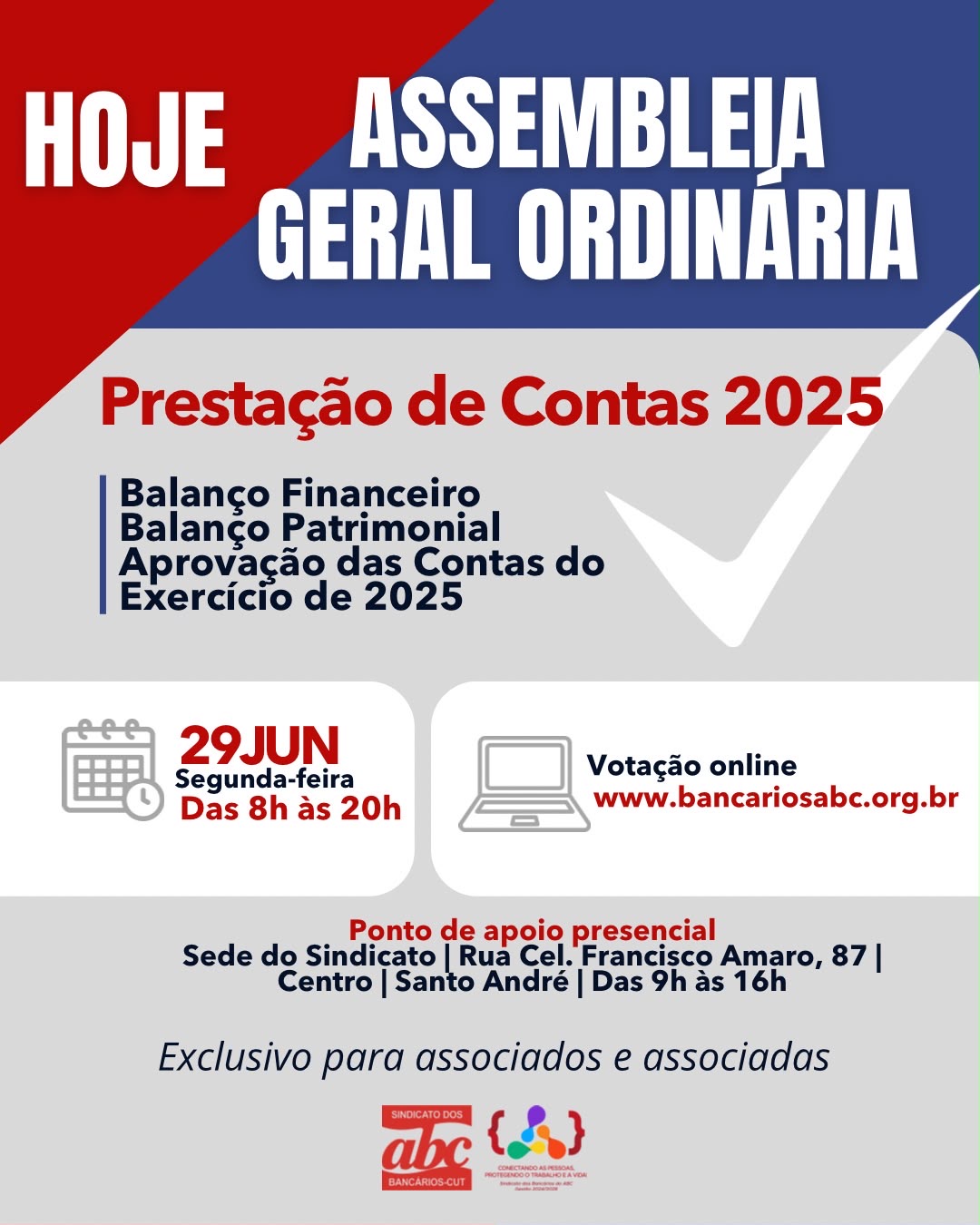 Assembleia para prestação de contas acontece nesta segunda-feira (29)